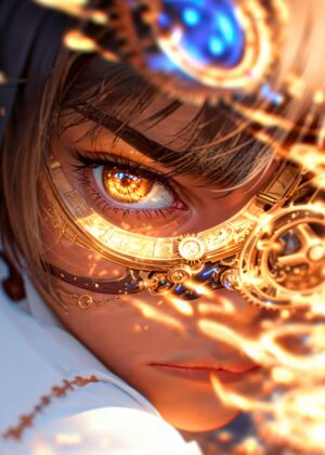Steampunk Eye: Golden Glimmer Art Print - Premium Wooden Framed Poster. Ready to Hang.
