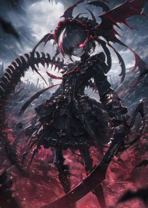 Dark Anime Girl with Wings: Gothic Fantasy Art Print - Premium Wooden Framed Poster. Ready to Hang.
