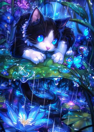 Enchanted Kitten in the Rain: A Whimsical Fantasy Art Print - Premium Wooden Framed Poster. Ready to Hang.