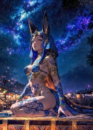 Anime Pharaoh Girl: Celestial Nights - Premium Wooden Framed Poster. Ready to Hang.