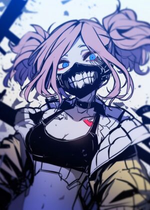 Cyberpunk Anime Girl with Mask Art Print - Premium Wooden Framed Poster. Ready to Hang.