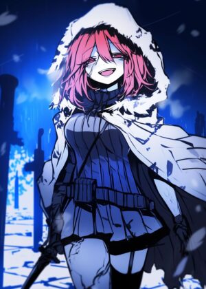Anime Girl in White Hood: Winter Warrior - Premium Wooden Framed Poster. Ready to Hang.