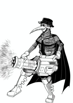 Steampunk Plague Doctor Artwork: A Grungy, Black & White Masterpiece - Premium Wooden Framed Poster. Ready to Hang.