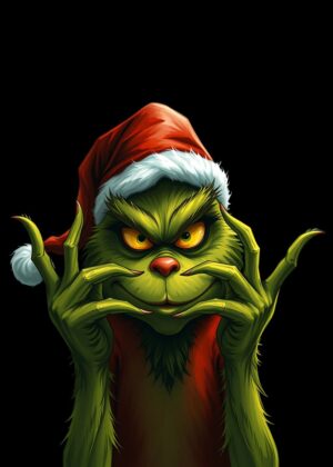 Grinch Christmas Illustration: A Festive Take on the Classic - Premium Wooden Framed Poster. Ready to Hang.