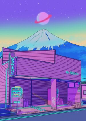 Neon Japan Night: Retro Futuristic Artwork - Premium Wooden Framed Poster. Ready to Hang.