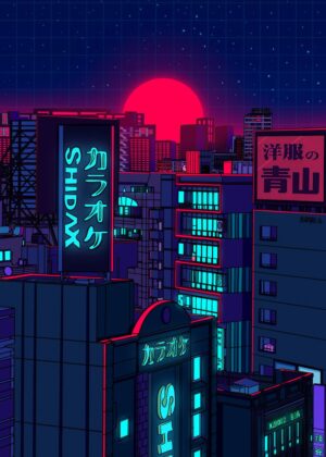 Synthetic Japan: Neon Nightscape Artwork Print - Premium Wooden Framed Poster. Ready to Hang.