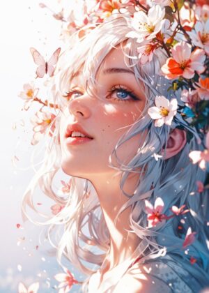 Blossom Serenity: Ethereal Portrait of Nature and Grace - Premium Wooden Framed Poster. Ready to Hang.