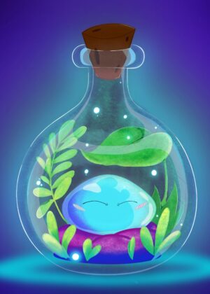 Enchanted Slime in Glass Bottle: Fantasy Artwork Print - Premium Wooden Framed Poster. Ready to Hang.