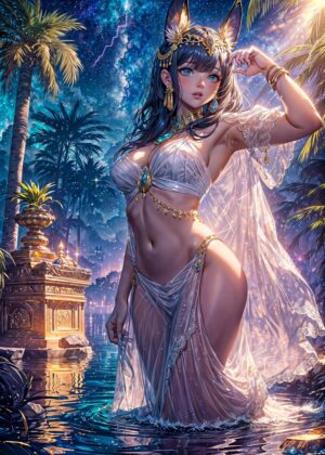 Egyptian Goddess in Moonlight: A Mystical Art Print - Premium Wooden Framed Poster. Ready to Hang.