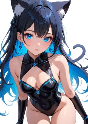 Anime Cat Girl in Black Bodysuit - Blue Series Collection 01 - Premium Wooden Framed Poster. Ready to Hang.