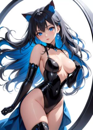 Anime Cat Girl in Black Latex - Blue Series Collection 02 - Premium Wooden Framed Poster. Ready to Hang.