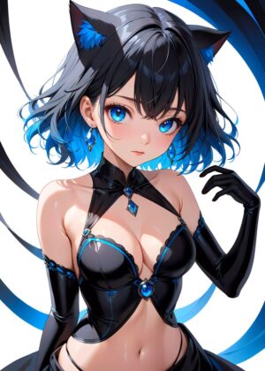 Anime Girl with Cat Ears - Blue Series Collection 03 - Premium Wooden Framed Poster. Ready to Hang.