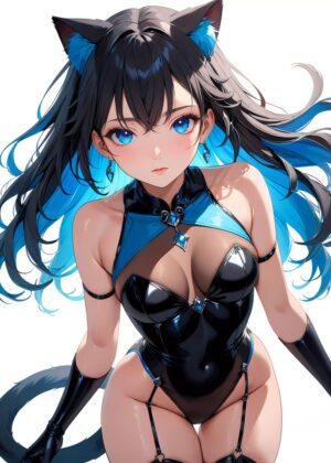 Anime Cat Girl in Black Bodysuit: Blue Series Collection 04 - Premium Wooden Framed Poster. Ready to Hang.