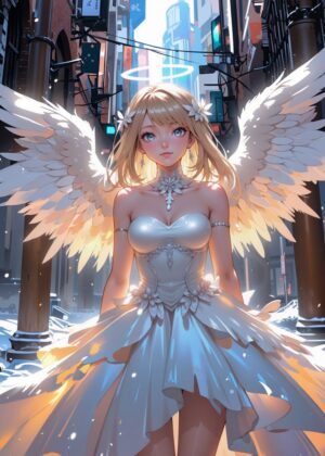 Celestial Being in Urban Landscape - Premium Wooden Framed Poster. Ready to Hang.