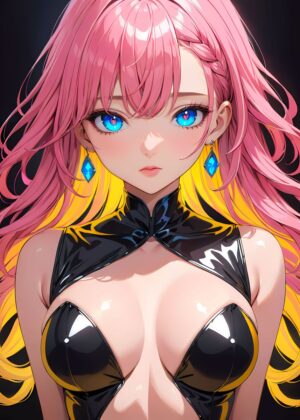 Stunning Anime Girl with Pink Hair and Blue Eyes - Premium Wooden Framed Poster. Ready to Hang.
