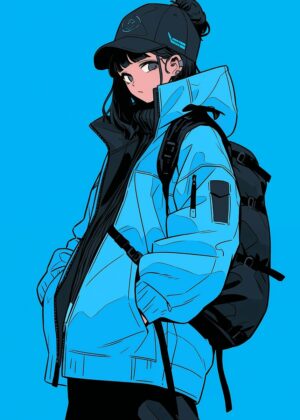 Anime Girl in Blue Jacket: Stylish and Cool - Premium Wooden Framed Poster. Ready to Hang.