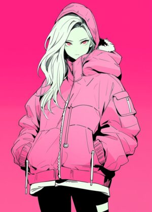 Stylish Anime Girl in Pink Winter Jacket - Premium Wooden Framed Poster. Ready to Hang.
