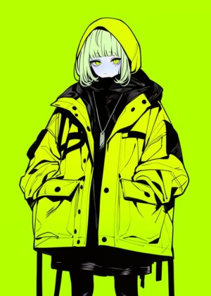 Neon Green Anime Girl Art Print - Premium Wooden Framed Poster. Ready to Hang.