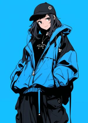 Anime Girl in Blue Jacket: Stylish Streetwear Art Print - Premium Wooden Framed Poster. Ready to Hang.
