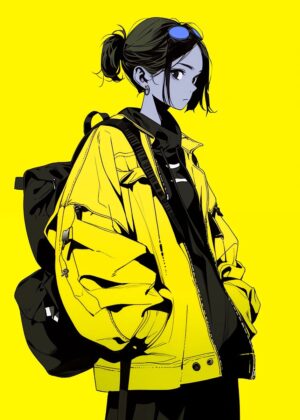 Anime Girl in Yellow Jacket: Vibrant Style - Premium Wooden Framed Poster. Ready to Hang.