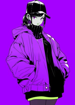 Stylish Anime Girl in Purple - Premium Wooden Framed Poster. Ready to Hang.