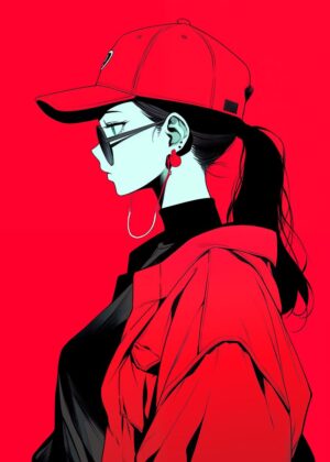 Stylish Anime Girl in Red: Bold, Edgy Art Print - Premium Wooden Framed Poster. Ready to Hang.