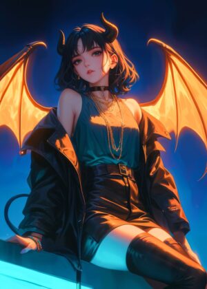 Demon Anime Girl Art Print - Premium Wooden Framed Poster. Ready to Hang.