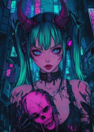 Cyberpunk Demon Girl: Neon City Nights - Premium Wooden Framed Poster. Ready to Hang.