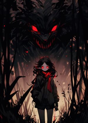 Dark Fantasy: Girl Confronts a Menacing Wolf - Premium Wooden Framed Poster. Ready to Hang.