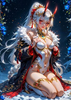 Anime Demon Girl in Winter Wonderland - Premium Wooden Framed Poster. Ready to Hang.