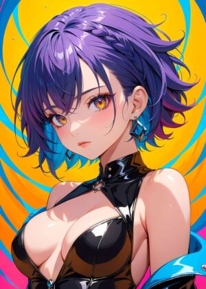 Purple-Haired Anime Girl: Vibrant Digital Art Print - Premium Wooden Framed Poster. Ready to Hang.