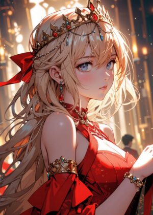 Anime Princess in Red Gown: A Regal Masterpiece - Premium Wooden Framed Poster. Ready to Hang.