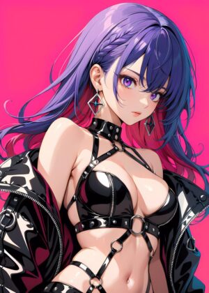 Anime Girl in Leather Jacket and Lingerie - Premium Wooden Framed Poster. Ready to Hang.
