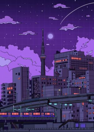 Tokyo Nights: Train and Cityscape Illustration - Premium Wooden Framed Poster. Ready to Hang.