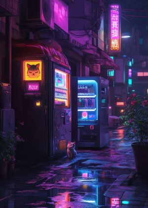 Neon Cat Alley: A Cyberpunk Rain-Soaked Night - Premium Wooden Framed Poster. Ready to Hang.