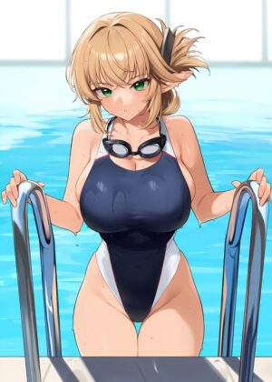 Anime Girl by the Pool - Premium Wooden Framed Poster. Ready to Hang.
