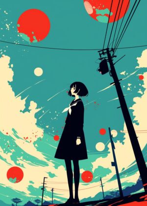 Anime Girl Under a Sky of Red and White Circles - Premium Wooden Framed Poster. Ready to Hang.