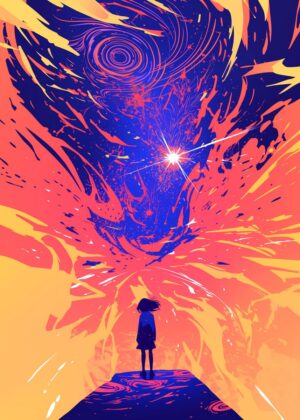 Girl Facing Cosmic Vortex: A Journey into the Unknown - Premium Wooden Framed Poster. Ready to Hang.