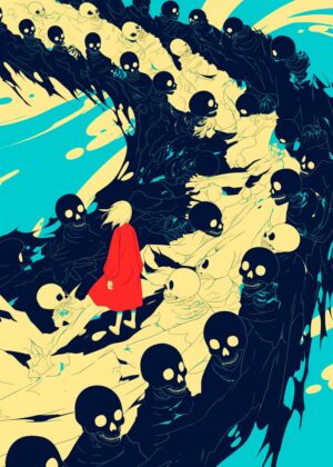Woman Walking Through Skulls: A Surreal Journey - Premium Wooden Framed Poster. Ready to Hang.