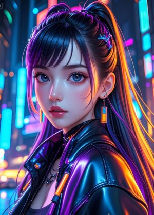 Cyberpunk Anime Girl Art Print - Premium Wooden Framed Poster. Ready to Hang.