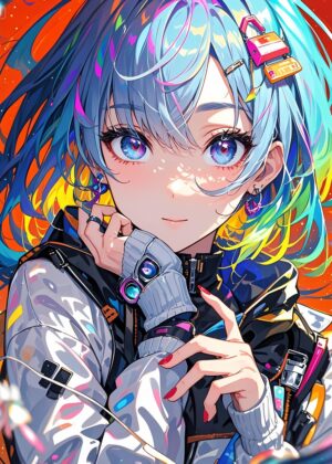 Vibrant Anime Girl with Blue Hair - Premium Wooden Framed Poster. Ready to Hang.
