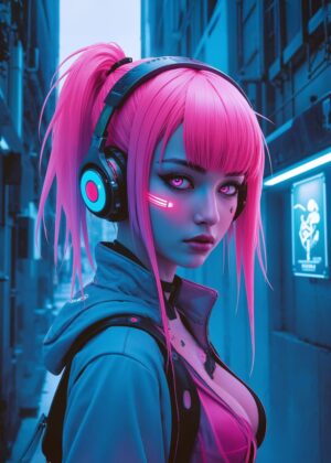 Neon Dreams: Cyberpunk Anime Girl Art Print - Premium Wooden Framed Poster. Ready to Hang.
