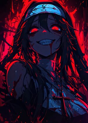 Crimson Embrace: Dark Anime Nun Art Print - Premium Wooden Framed Poster. Ready to Hang.