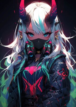 Cyberpunk Anime Girl: Digital Art Print - Premium Wooden Framed Poster. Ready to Hang.