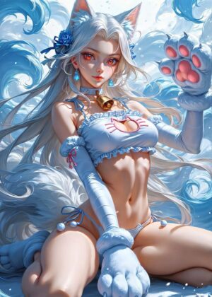 Christmas Anime Girl with Cat Ears and Tail - Premium Wooden Framed Poster. Ready to Hang.