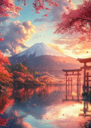 Serene Sunset at Fuji: A Cherry Blossom Dream - Premium Wooden Framed Poster. Ready to Hang.