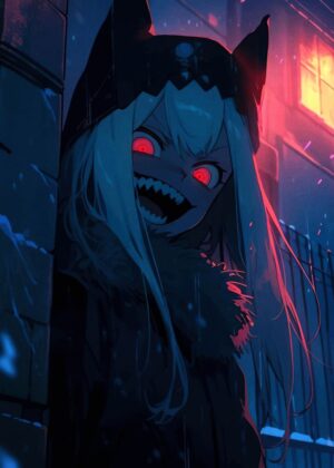 Anime Girl with Fiery Red Eyes in the Night - Premium Wooden Framed Poster. Ready to Hang.