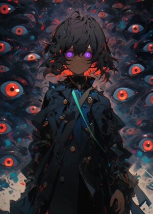 Anime Girl Amidst a Sea of Eyes: Dark Fantasy Art Print - Premium Wooden Framed Poster. Ready to Hang.