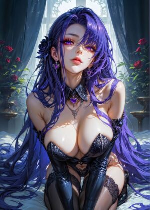 Purple-Haired Anime Beauty: Enchanting Digital Artwork - Premium Wooden Framed Poster. Ready to Hang.