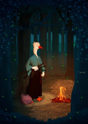 Samurai Goose in the Enchanted Forest - Premium Wooden Framed Poster. Ready to Hang.